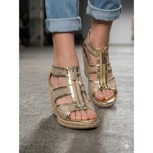 Michael Kors Damita Wedge Gold Mesh Zip Front Espadrille Sandals Glam Boho